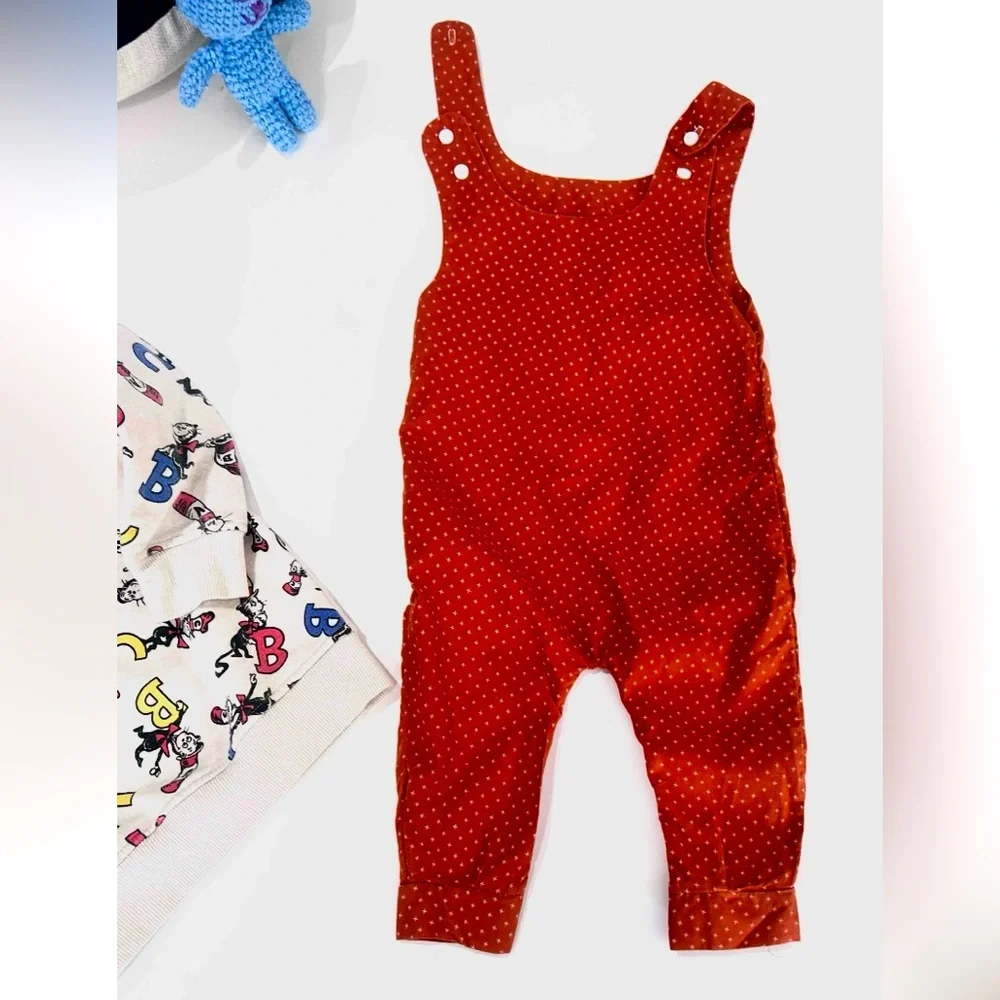 Vintage Handmade Rust Orange Polka Dot Baby Overalls Romper